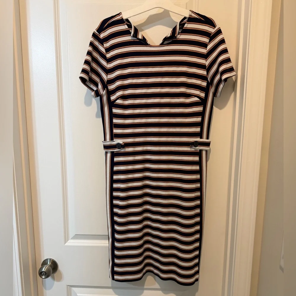 Striped Short-Sleeve Sheath Dress in Navy and White